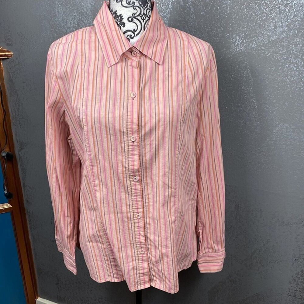 Sigrid Olsen pink yellow orange striped button up shirt. size Large